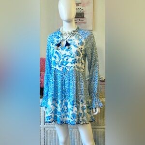 House Of Harlow 1960 Boho Baby Doll Mini dress in blue & white color Size XS NWT